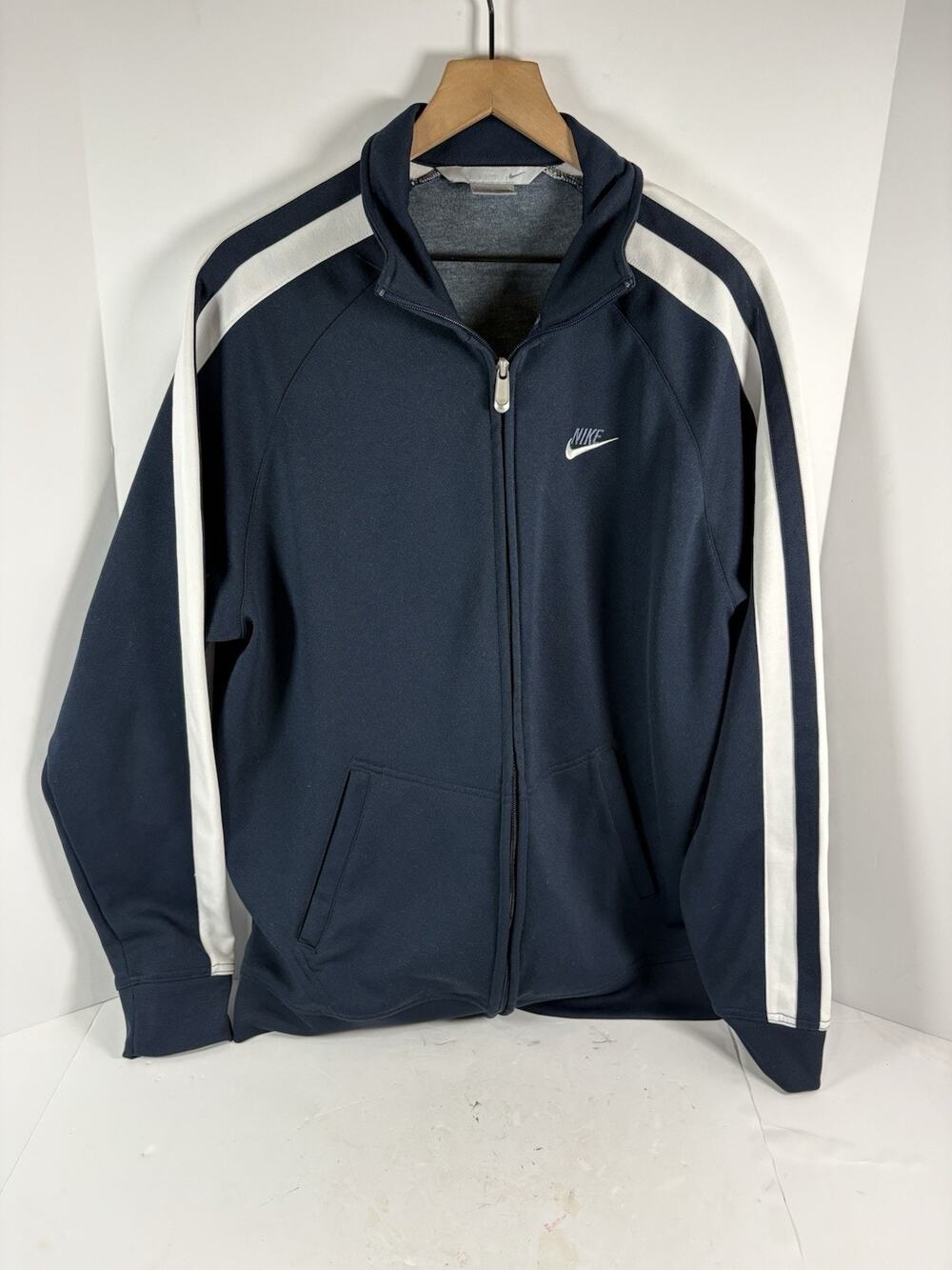 Vintage Nike Track Jacket Mens XL Navy White Stripe Full Zip Swoosh 90s Y2K Blue
